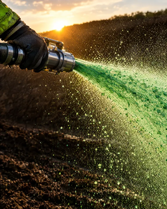 A gloved hand aiming a spray nozzle, bright green slurry arcing out