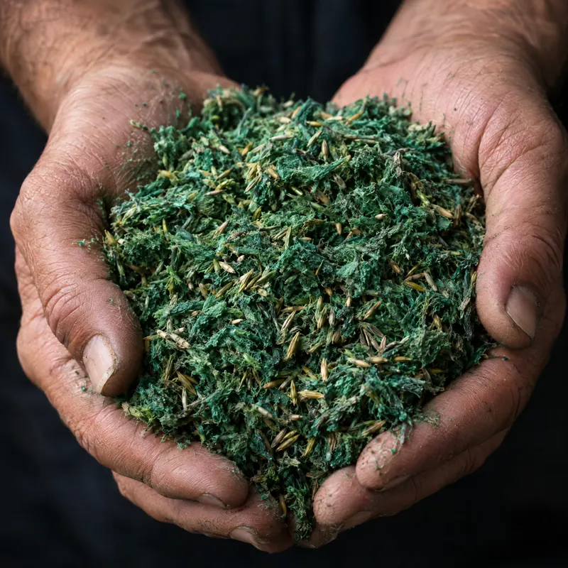 Two hands holding a handful of green fiber mulch mixed with grass seed