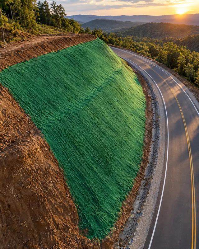 A steep roadside embankment covered in green hydroseed mulch