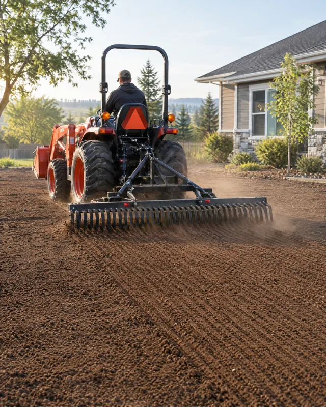 A compact tractor raking topsoil smooth on a residential lot